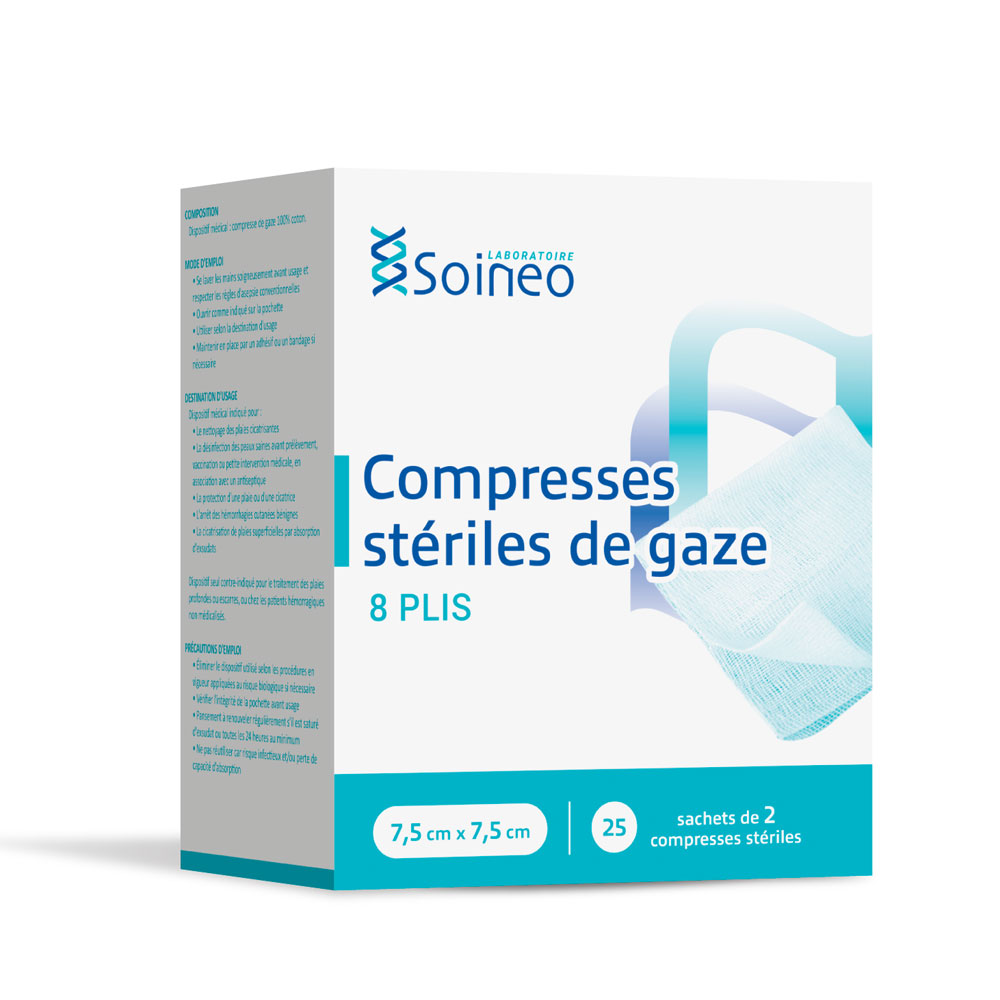 Soineo Compresse di garza sterile a 8 strati 7,5x7,5 cm x25 sacchetti da 2