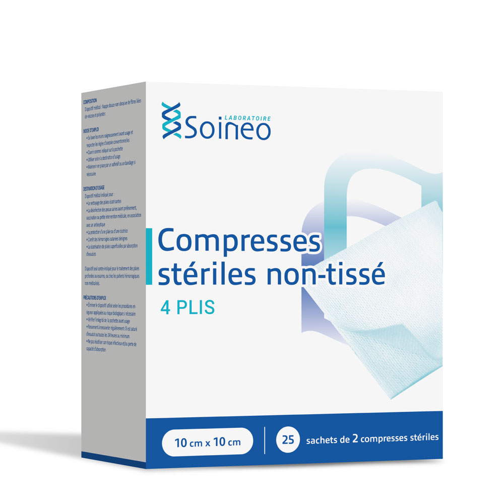 Soineo Garze sterili in tessuto non tessuto 4 veli 10x10 cm 25 bustine da 2 garze