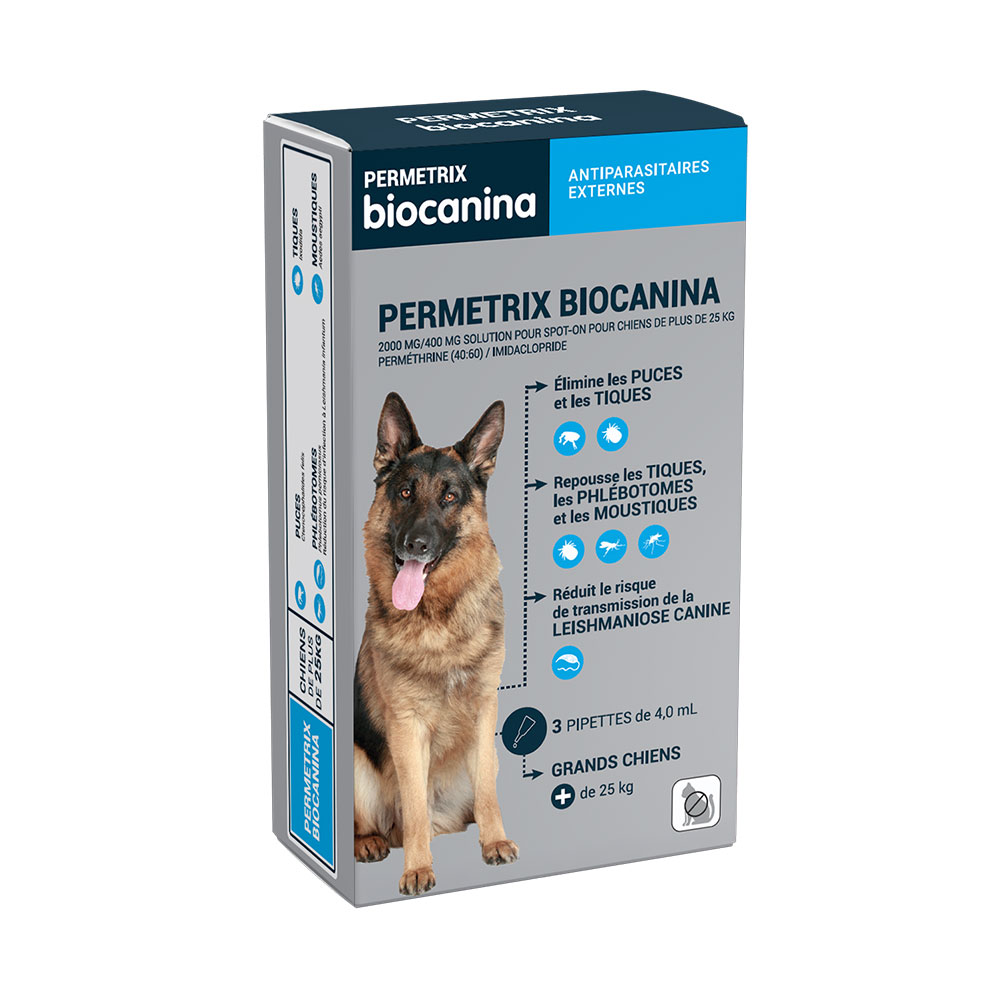 Biocanina Antiparassitario esterno Soluzione mirata per Cane di grande taglia con peso superiore a 25 kg Permetrix 3 pipette