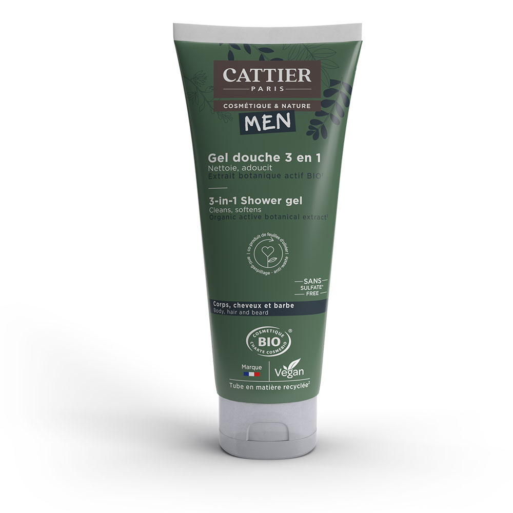 Cattier Uomo Gel doccia biologico 3 in 1 Corpo, Capelli e Barba 200 ml