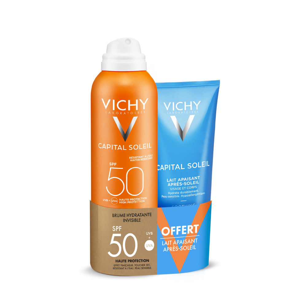 Vichy Capital Soleil Spray idratante invisibile SPF50+ 200 ml + latte lenitivo dopo-sole 100 ml in omaggio