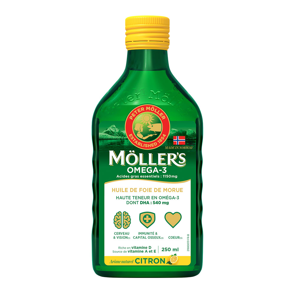 Moller'S Omega-3 olio di fegato di merluzzo liquido , aroma naturale limone 250 ml
