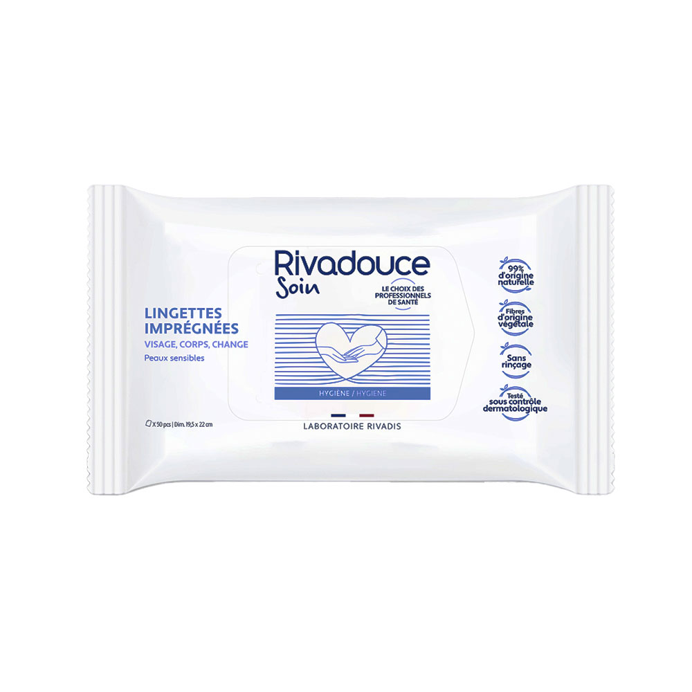 Rivadouce Soin Salviette impregnate Viso corpo e zona pannolino Pelle Sensibile x50