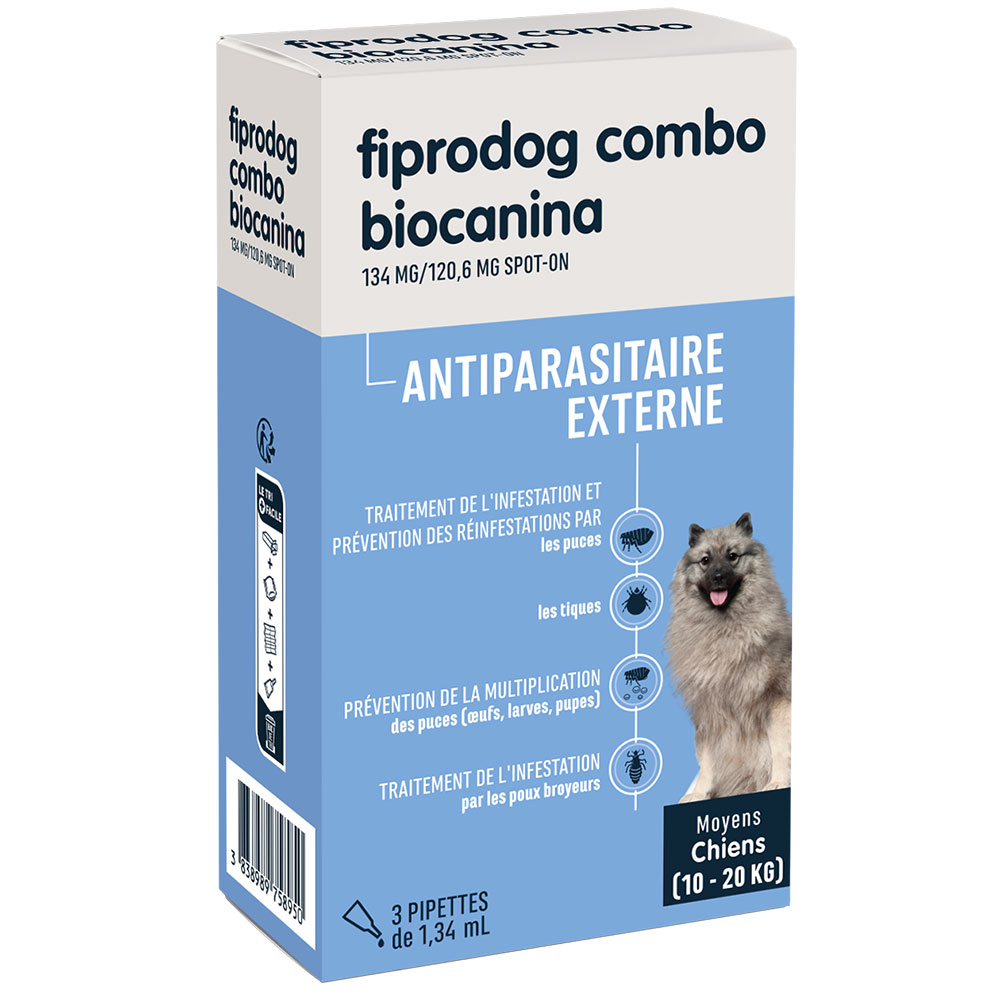 Biocanina Antiparassitario esterno Soluzione Spot-On per cani medi da 10 a 20 kg combo fiprodog 3 pipette