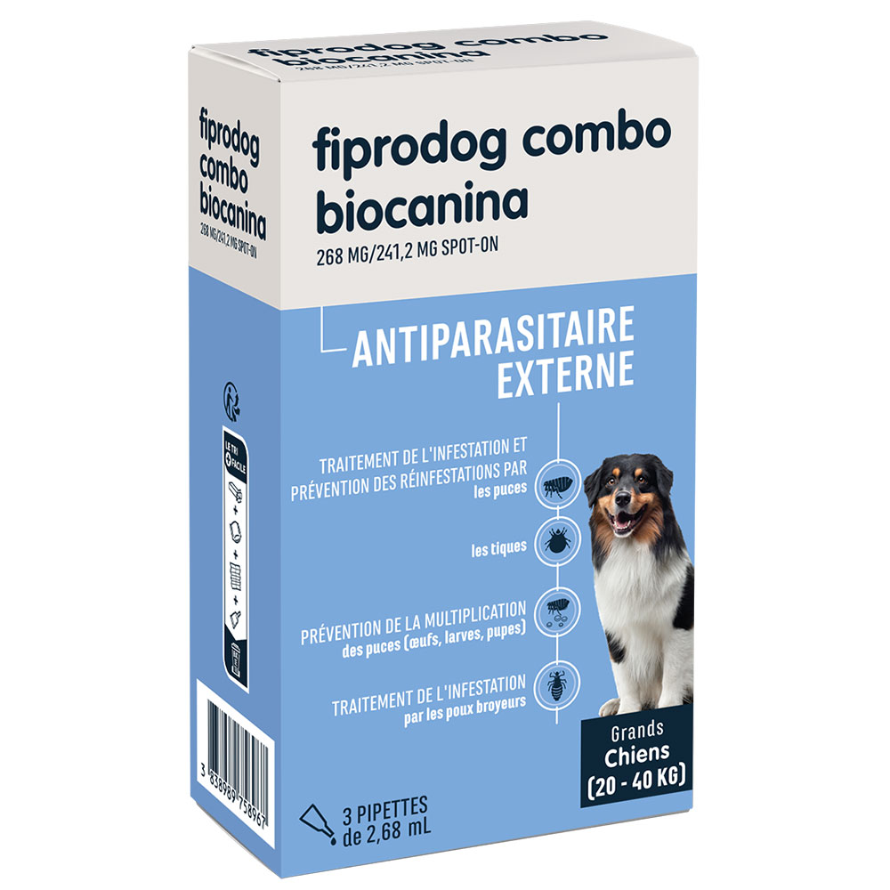Biocanina Antiparassitario esterno Soluzione Spot-On per cani grande da 20 a 40 kg combo fiprodog 3 pipette
