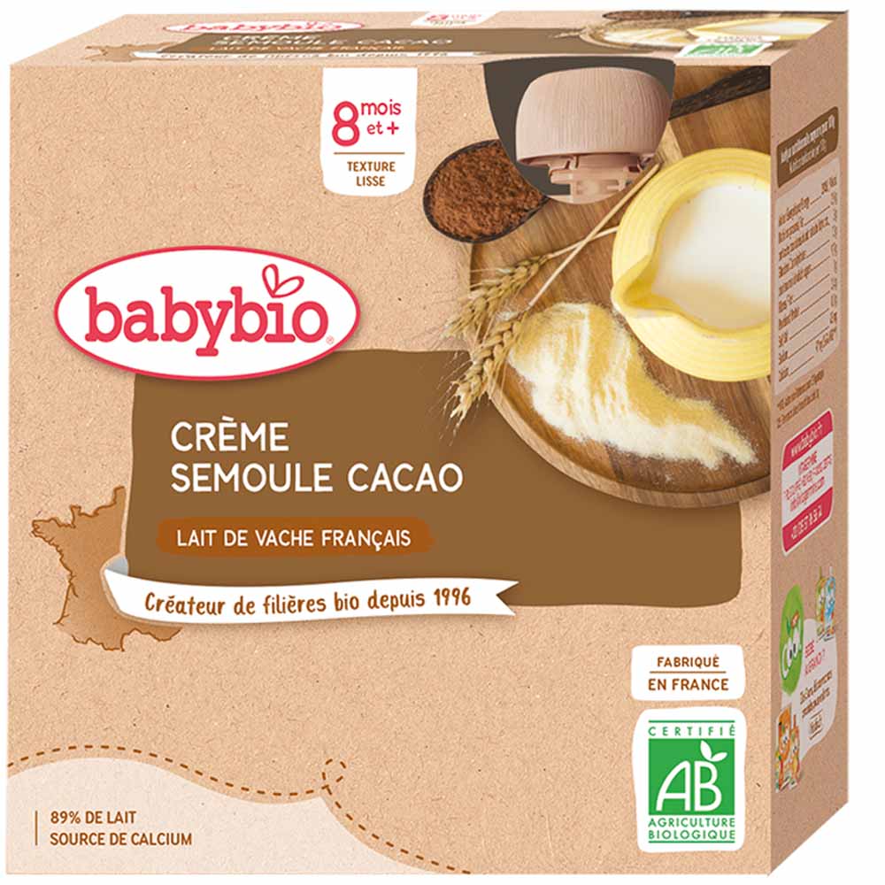 Babybio Crema di semolino di cacao biologico 8 Mesi dessert latticini 4x85g