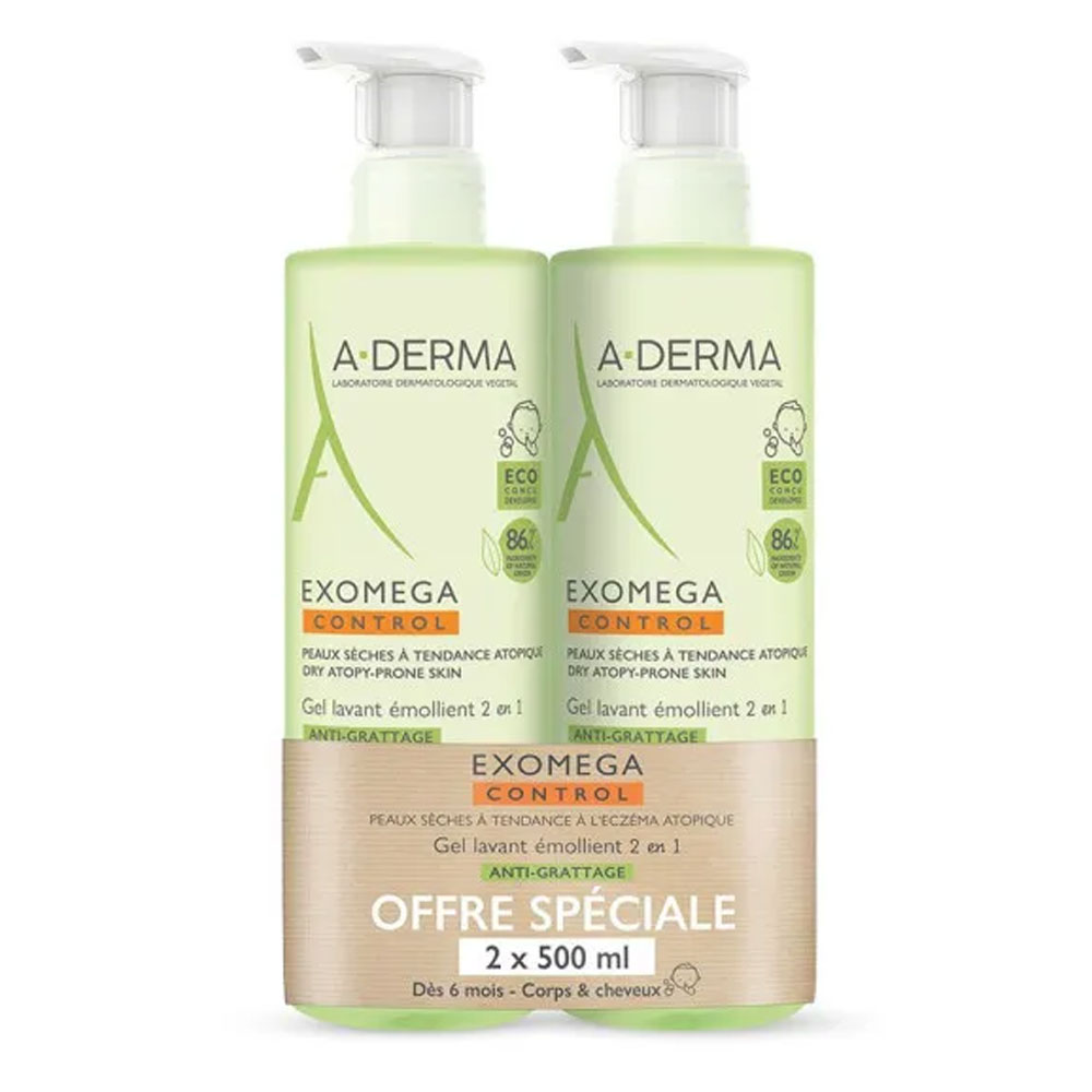 A-Derma Exomega Control Gel lavante emolliente per corpo e capelli 2x500ml