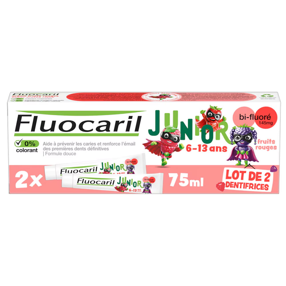 Fluocaril Dentifricio junior frutti rossi bi-fluorato per bambini dai 6 ai 13 anni 2 x 75 ml