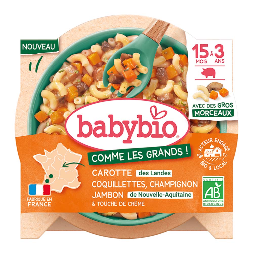 Babybio Menù carote delle Landes, coquillettes, funghi e prosciutto con pezzi grandi 200 g