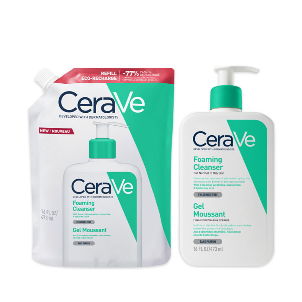 Cerave Detergente Viso Gel schiumogeno viso e corpo + eco ricarica per pelli normali e grasse 2 x 473 ml