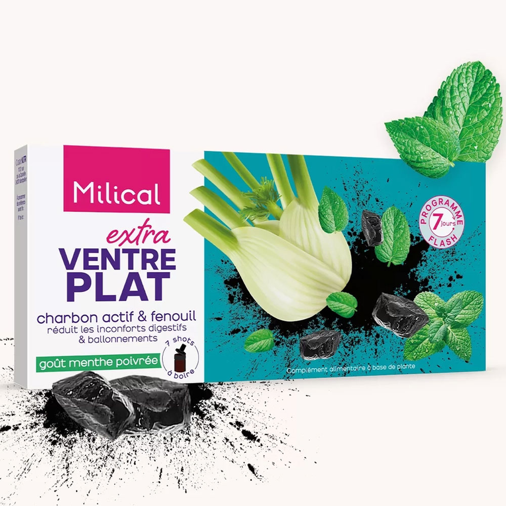 Milical Extra pancia piatta carbone attivo gusto menta piperita 7 dosi da 10 ml