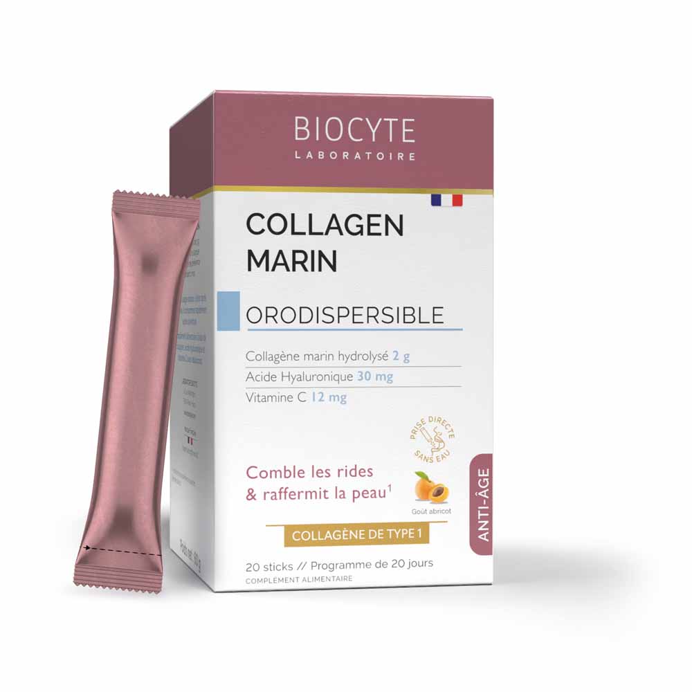 Biocyte Anti-età Collagene marino, Acido Ialuronico e Vitamina C Gusto albicocca 20 bastoncini orodispersibili