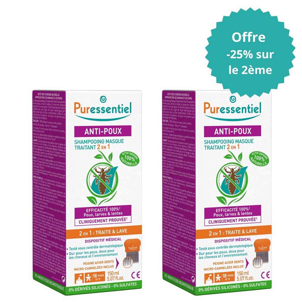 Puressentiel Anti-pidocchi Maschera di trattamento 2in1 Shampoo con pettine 2x150ml
