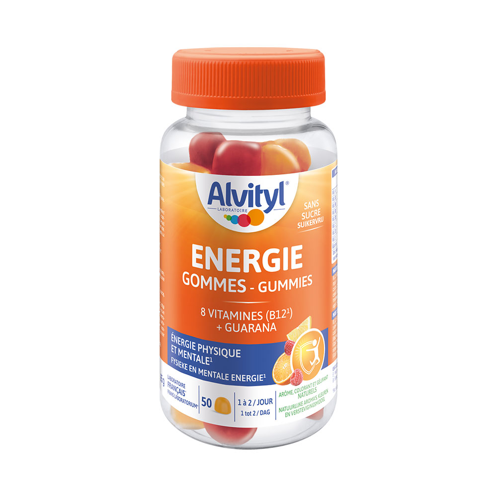 Alvityl Energia 8 vitamine & guaranà gusto arancia, limone e lampone x50 gomme da cancellare