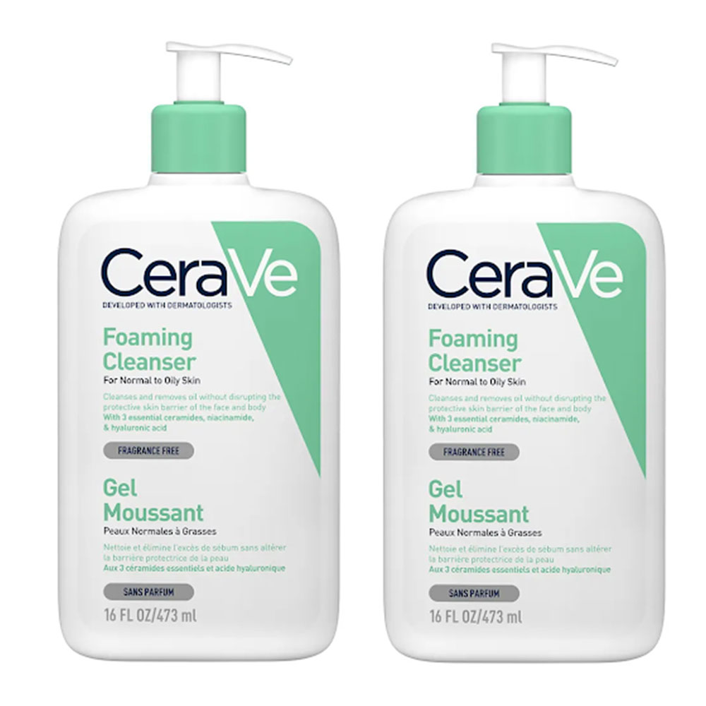 Cerave Detergente Viso Gel schiumogeno viso e collo per pelle normale e grassa 2 x 473 ml