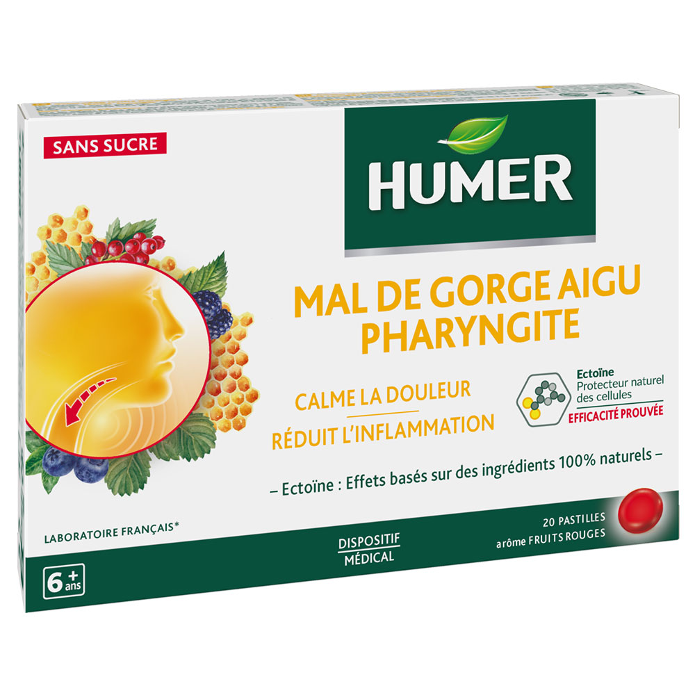 Humer Mal di gola acuto faringite al gusto di frutti rossi 20 compresse