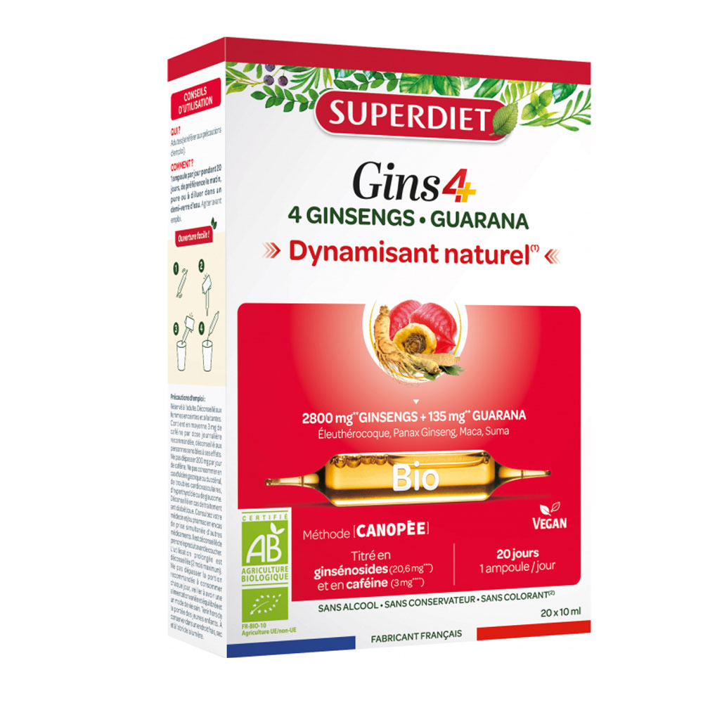 Superdiet Gins4+ 4 ginseng e guaranà e 4 ginseng 20 fiale da 10 ml