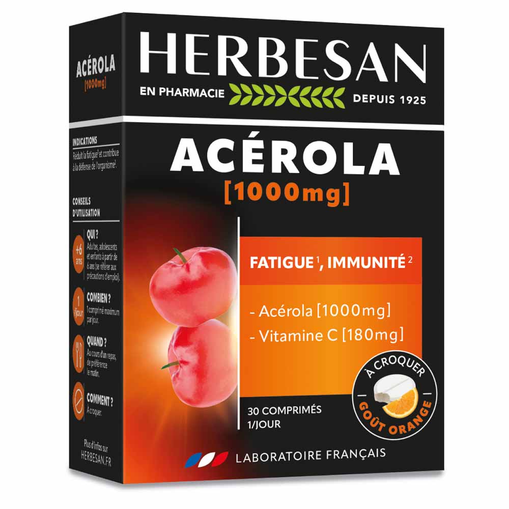 Herbesan Acerola 1000mg Vitamina C 180mg Gusto arancione 30 compresse