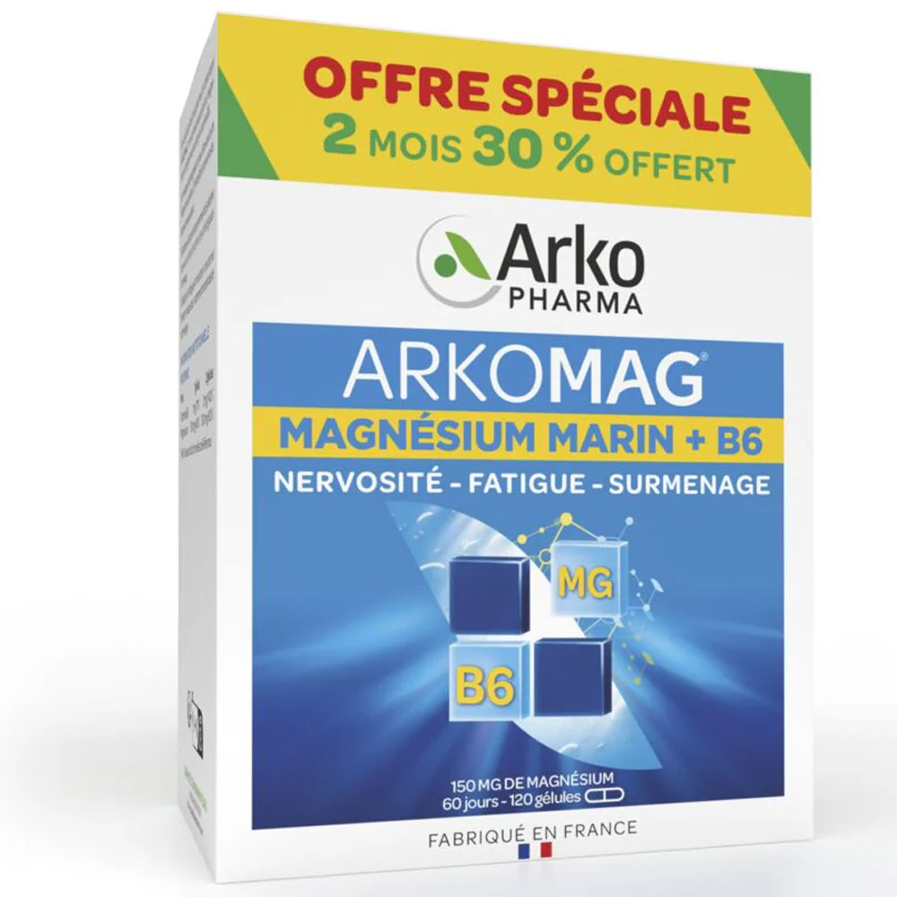 Arkopharma Arkomag Magnésium marino + B6 per nervosismo, affaticamento e stress 120 capsule