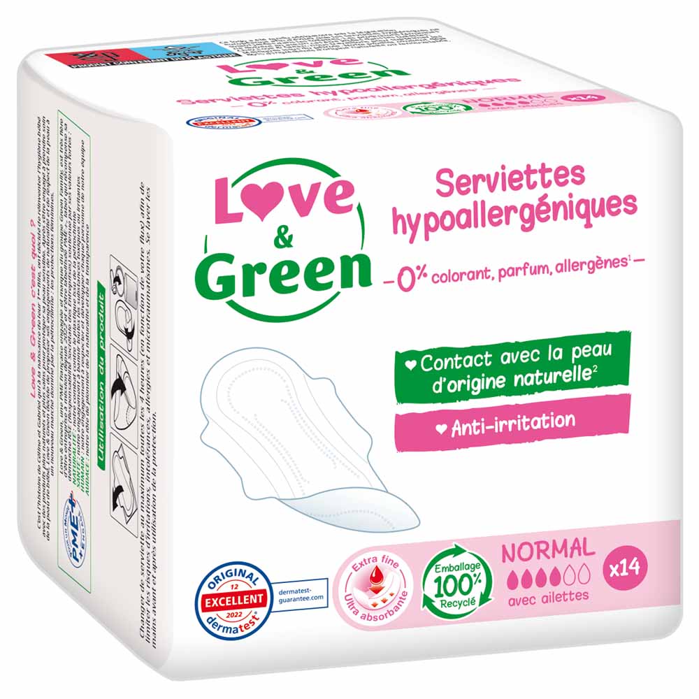 Love&Green Anti-irritazioni Assorbenti Ipoallergenici con ali Flusso normale - 14pz 14 Serviettes