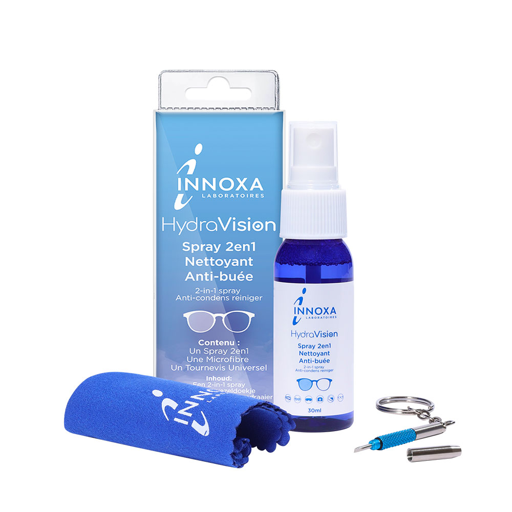 Innoxa HydraVision Detergenti per occhiali 2in1 antiappannamento 30ml + 1 microfibra + un cacciavite universale