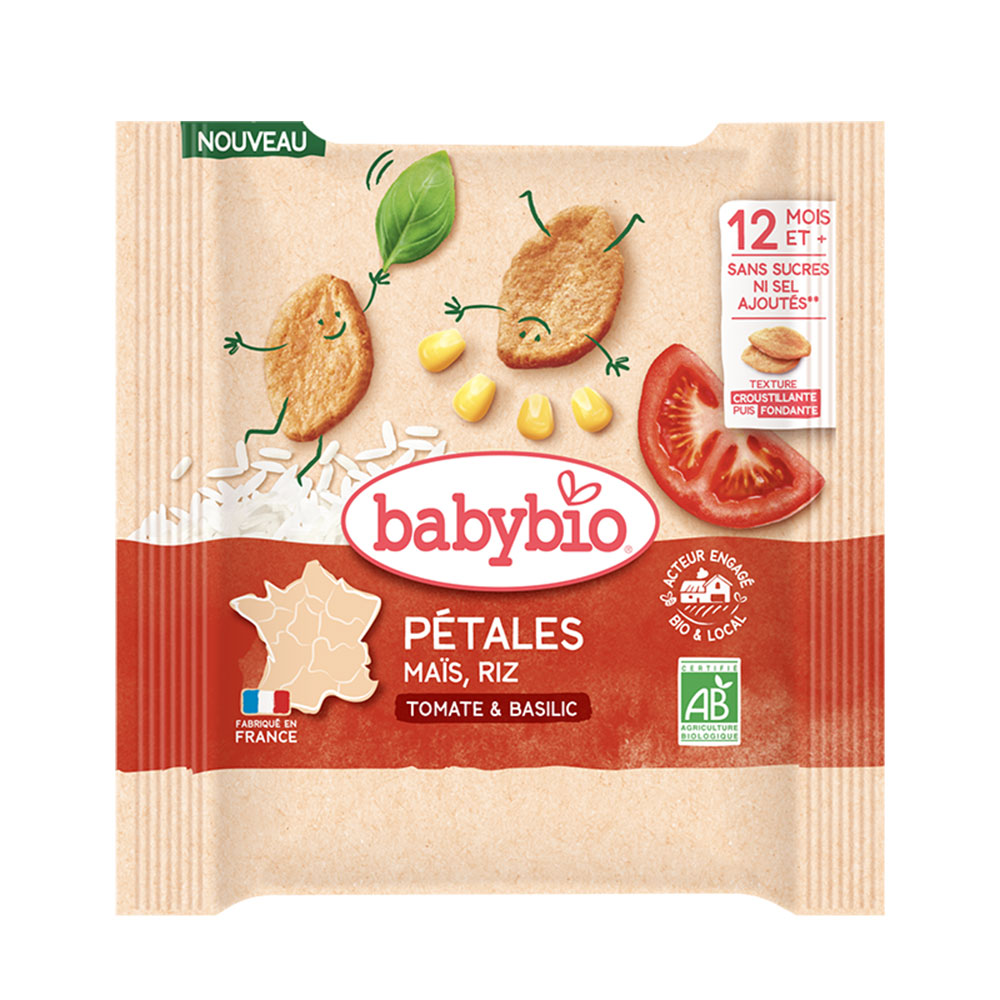 Babybio Pétales di pomodoro e basilico con mais, riso e ceci di Nuova Aquitania a partire da 12 mesi 32 g