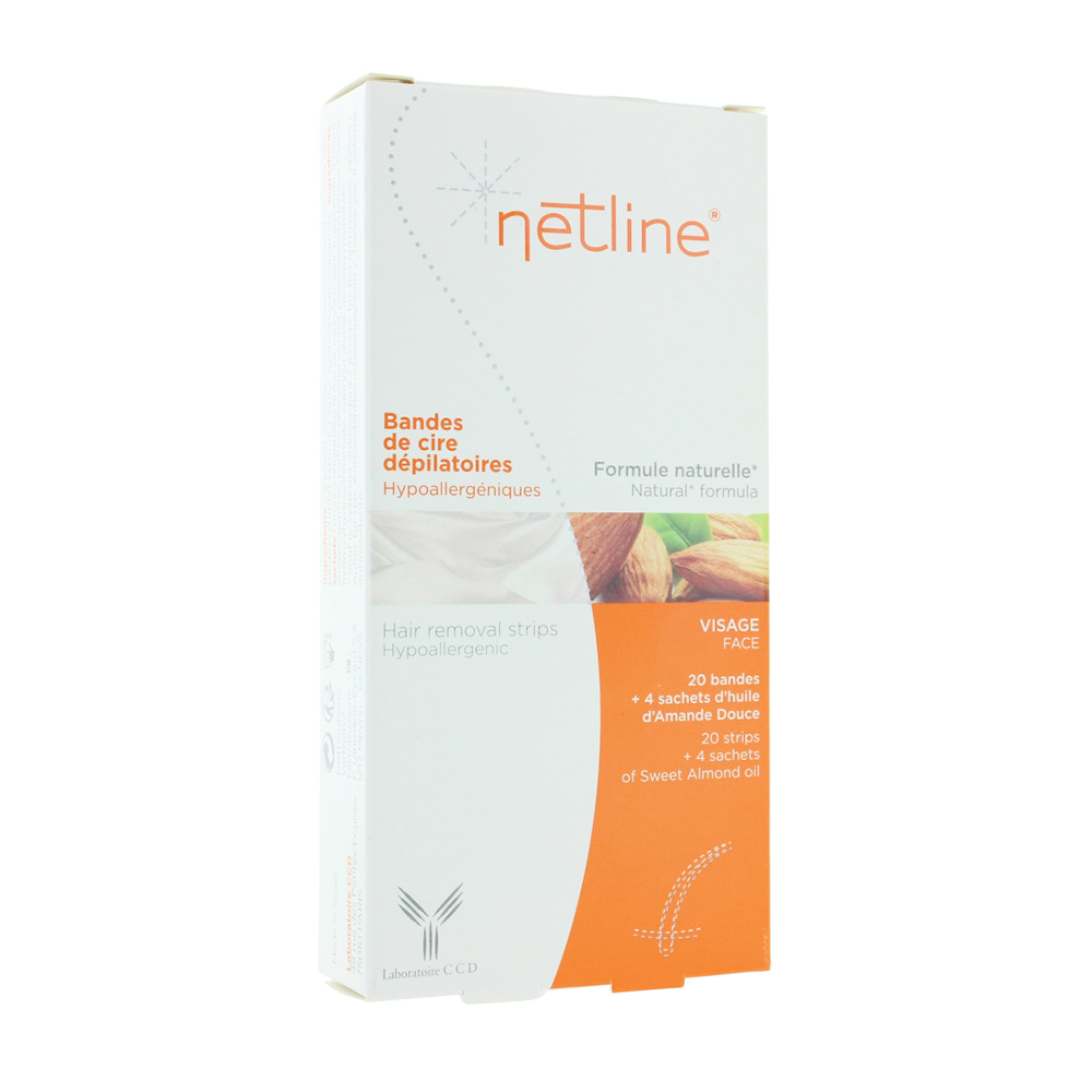 Netline 20 strisce di cera depilatoria viso + 4 salviette con olio di mandorle dolci