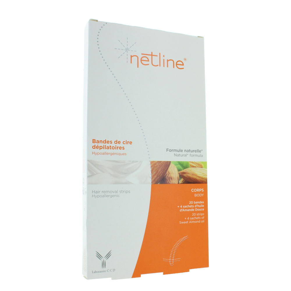 Netline 20 strisce di cera depilatoria corpo + 4 salviette con olio di mandorle dolci