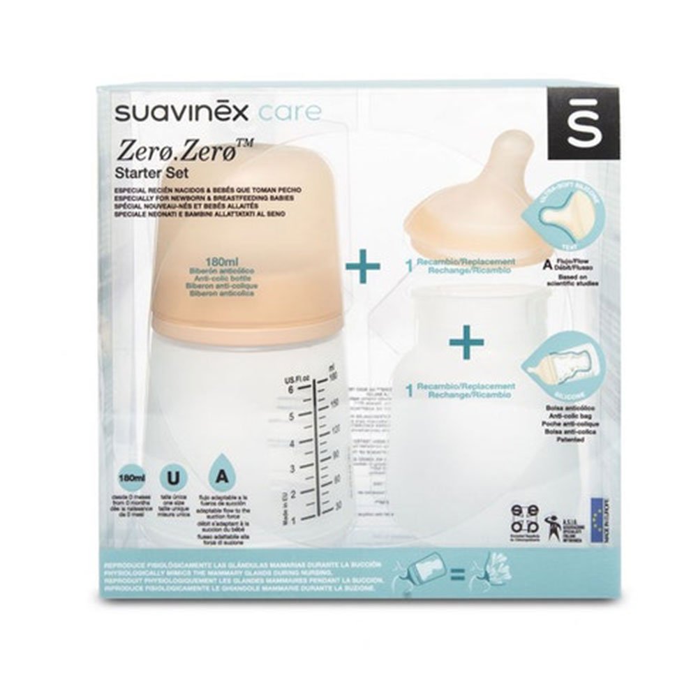 Suavinex Zero Zero Set biberon allattamento + tettarella taglia A + sacca in silicone 180ml