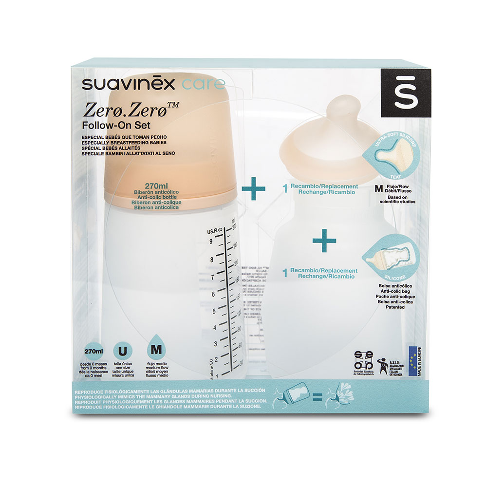 Suavinex Zero Zero Set biberon allattamento + tettarella M + sacca in silicone 270ml