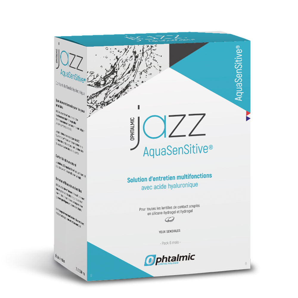 Ophtalmic AquaSensitive Soluzione multifunzione Jazz per tutti i tipi di lenti a contatto morbide 3 x 350 ml