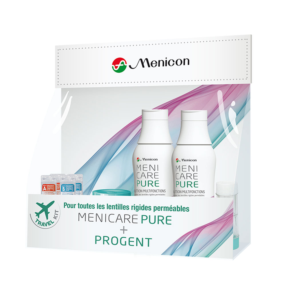 Menicon MeniCare Pure Travel Kit – soluzione multifunzione + Progent 2x70ml + 2 trattamenti + 2 portalenti