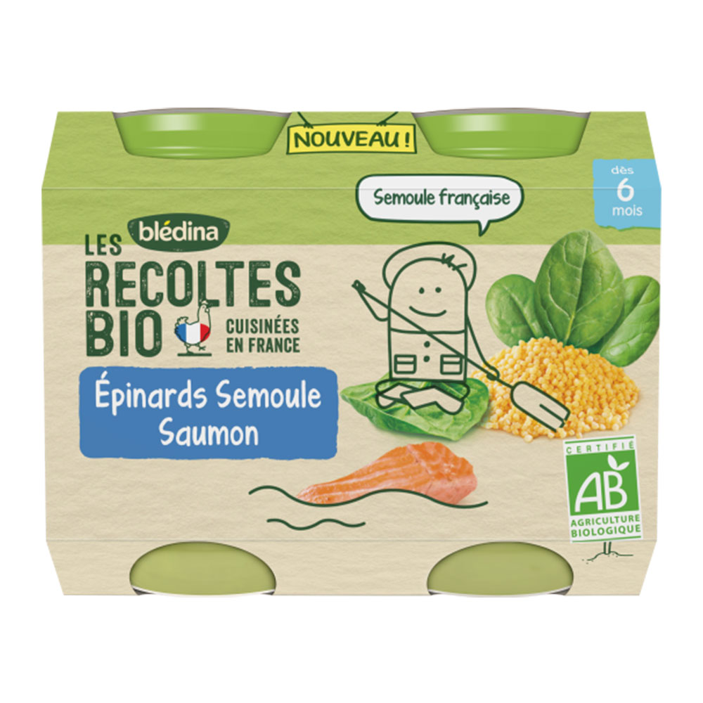 Blédina Les Recoltes Vasetti pasto bio spinaci, semolino e salmone dai 6 mesi 2x200g