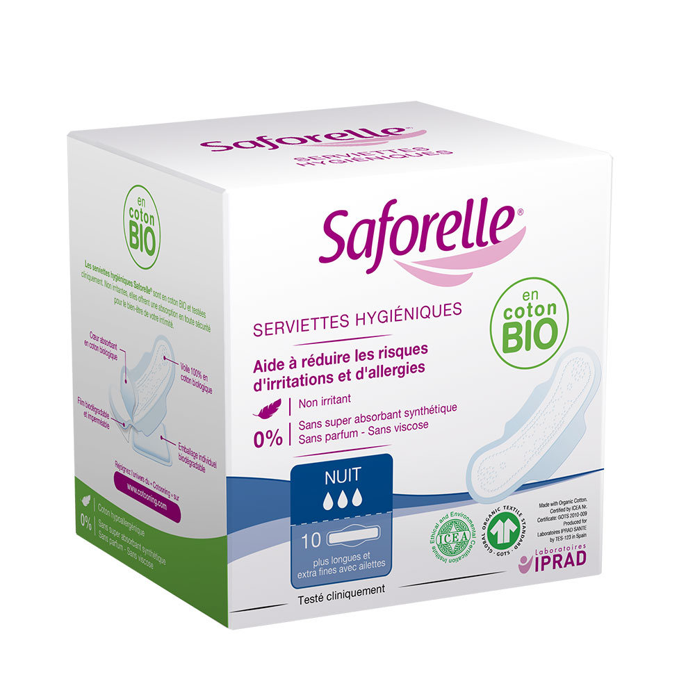 Saforelle Asciugamani da notte igienici con ali in cotone biologico x10